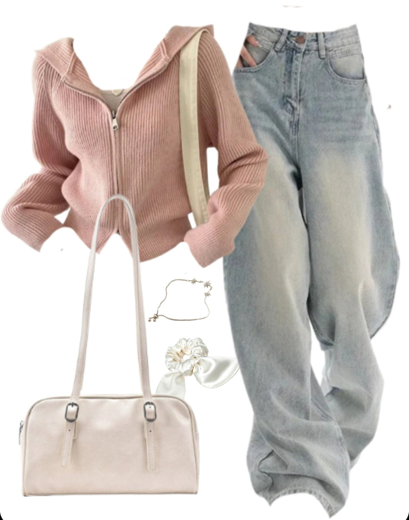 OOTD: Zip Up Cardigan + Boyfriend Jeans + Pu Leather Shoulder Bag