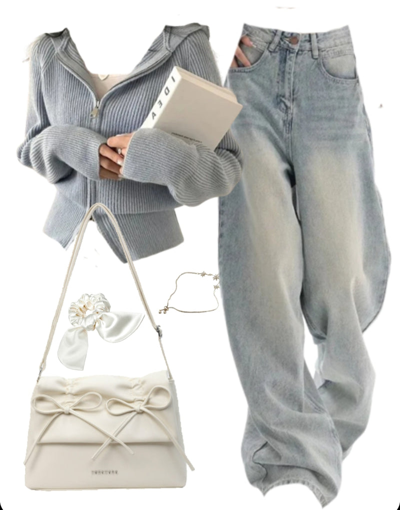 OOTD: Zip Up Cardigan + Boyfriend Jeans + Leather Shoulder Bag