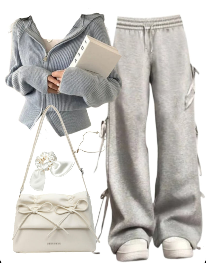 OOTD: Zip Up Cardigan + Bow Tie Sweatpants + Leather Shoulder Bag