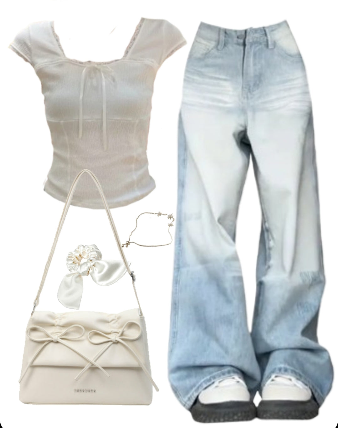 OOTD: Square Neck Bow Tee + Baggy Boyfriend Jeans + Leather Shoulder Bag