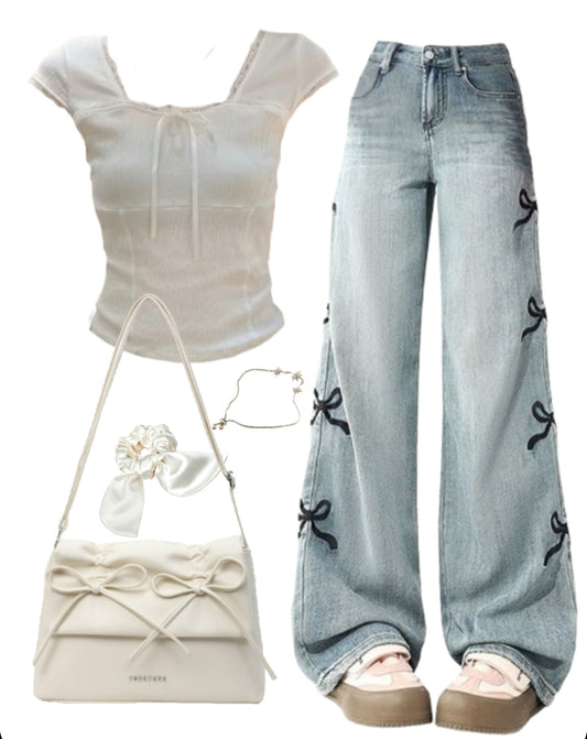 OOTD: Square Neck Bow Tee + Boyfriend Jeans + Leather Shoulder Bag