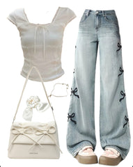 OOTD: Square Neck Bow Tee + Boyfriend Jeans + Leather Shoulder Bag