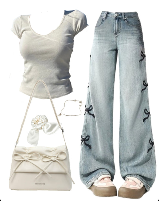 OOTD: Short Sleeve Tee + Bow Boyfriend Jeans + Leather Shoulder Bag