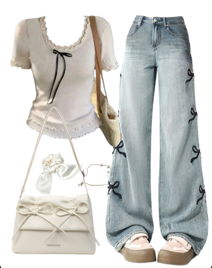 OOTD: Bow Boyfriend Jeans + Short sleeve Tee + Shoulder Bag