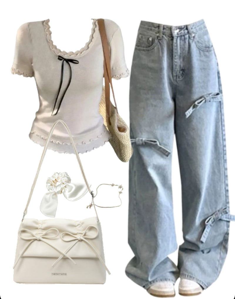 OOTD: Short sleeve Tee + Wide Leg Jeans +Leather Shoulder Bag