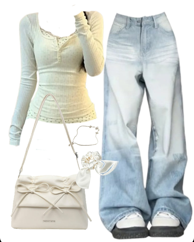 OOTD: Long Sleeve Patchwork Tee + Baggy Boyfriend Jeans + Solid Color Leather Shoulder Bag