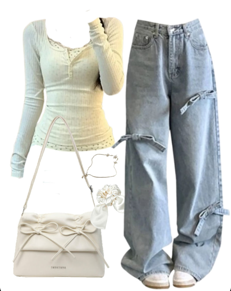OOTD: Long Sleeve Patchwork Tee + Wide Leg Jeans + Leather Shoulder Bag