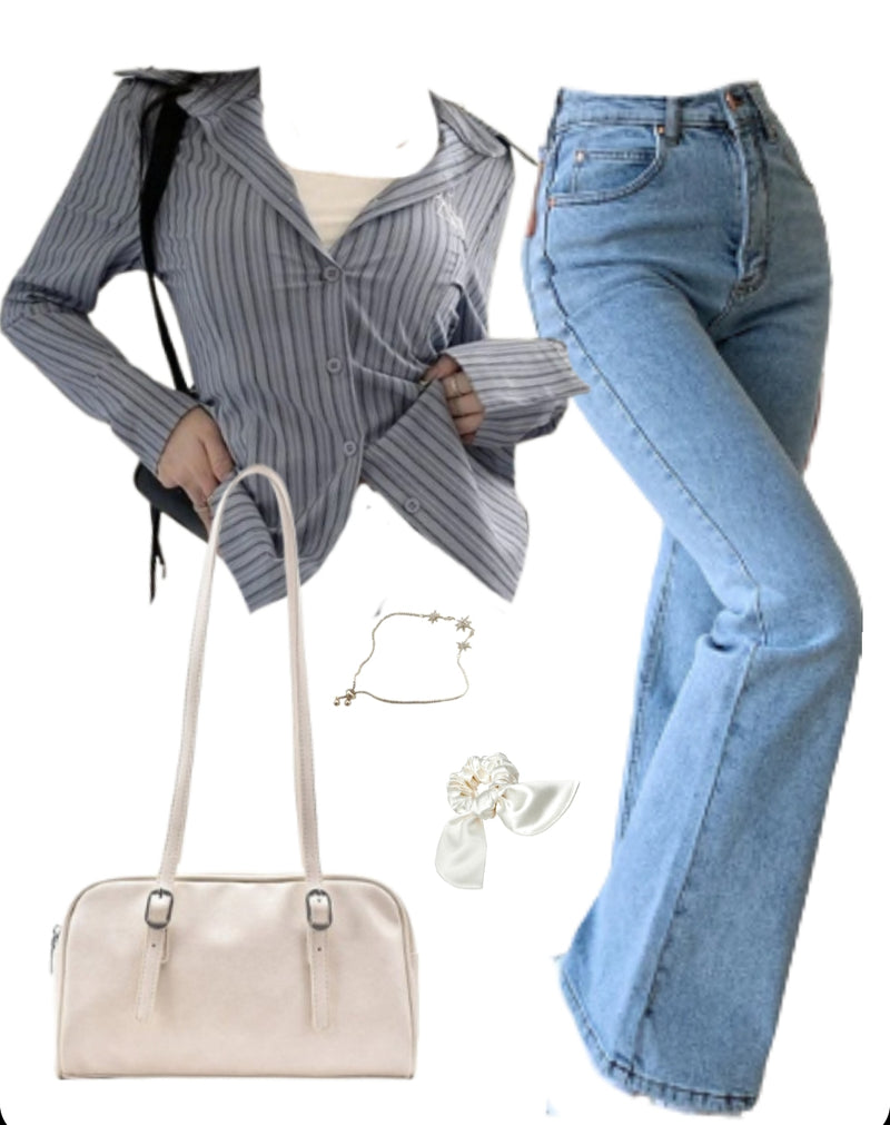 OOTD: Long Sleeve Shirt + Flare Jeans + Leather Shoulder Bag