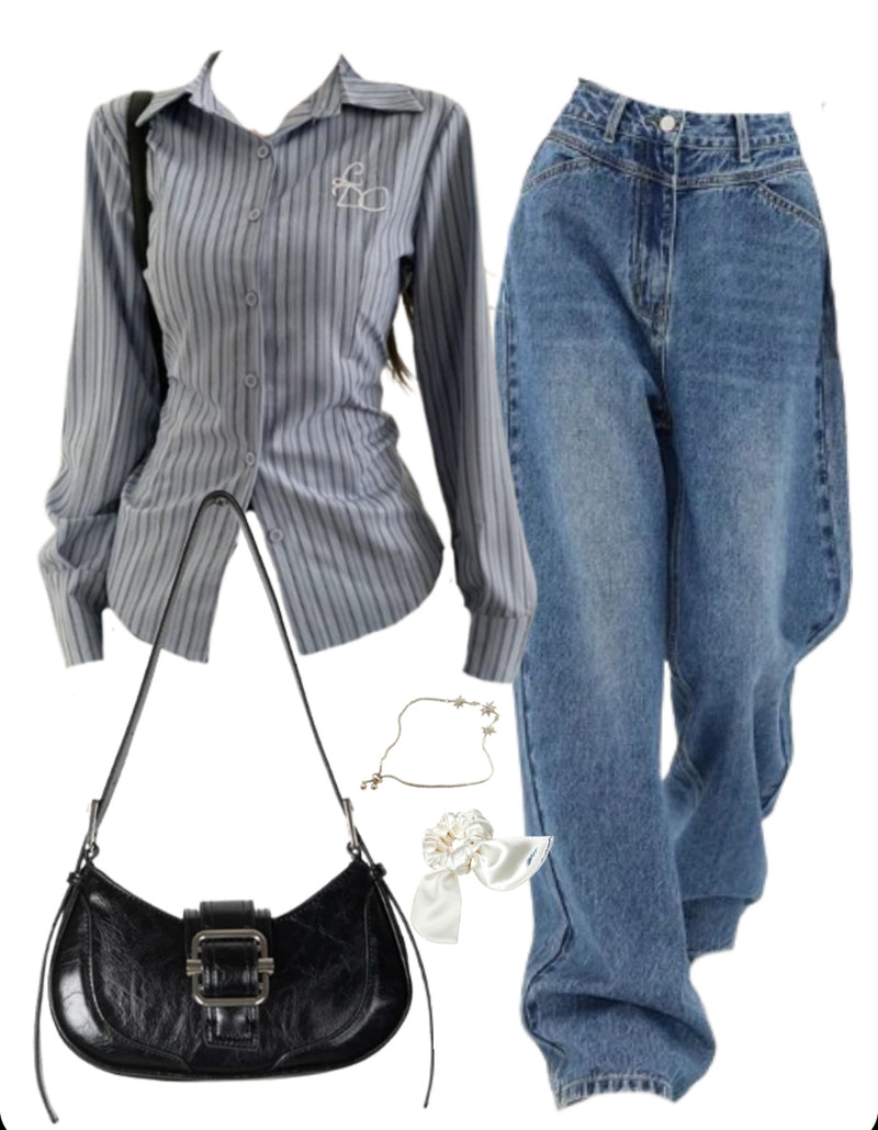 OOTD: Long Sleeve Shirt + High Rise Boyfriend Jeans + Leather Shoulder Bag