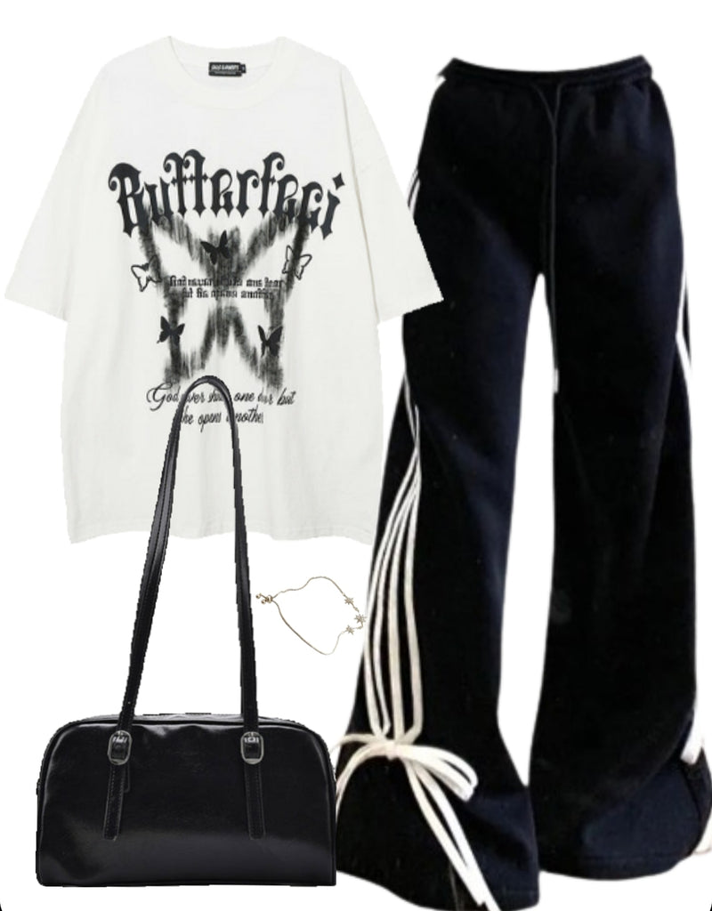 OOTD: Oversized T-shirt + Wide Leg Sweatpants + Leather Shoulder Bag