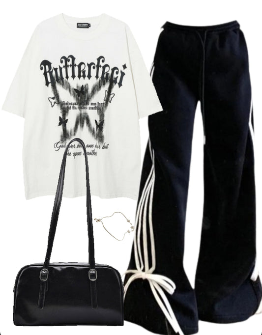 OOTD: Oversized T-shirt + Wide Leg Sweatpants + Leather Shoulder Bag - fairypeony