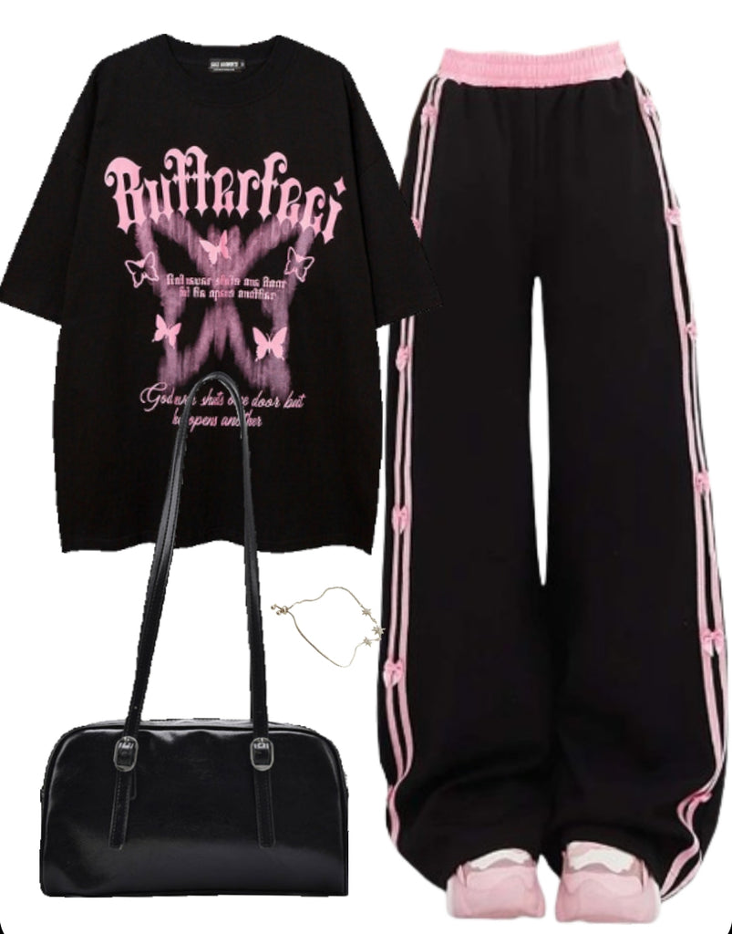 OOTD: Oversized T-shirt + Bow Sweatpants + Leather Shoulder Bag