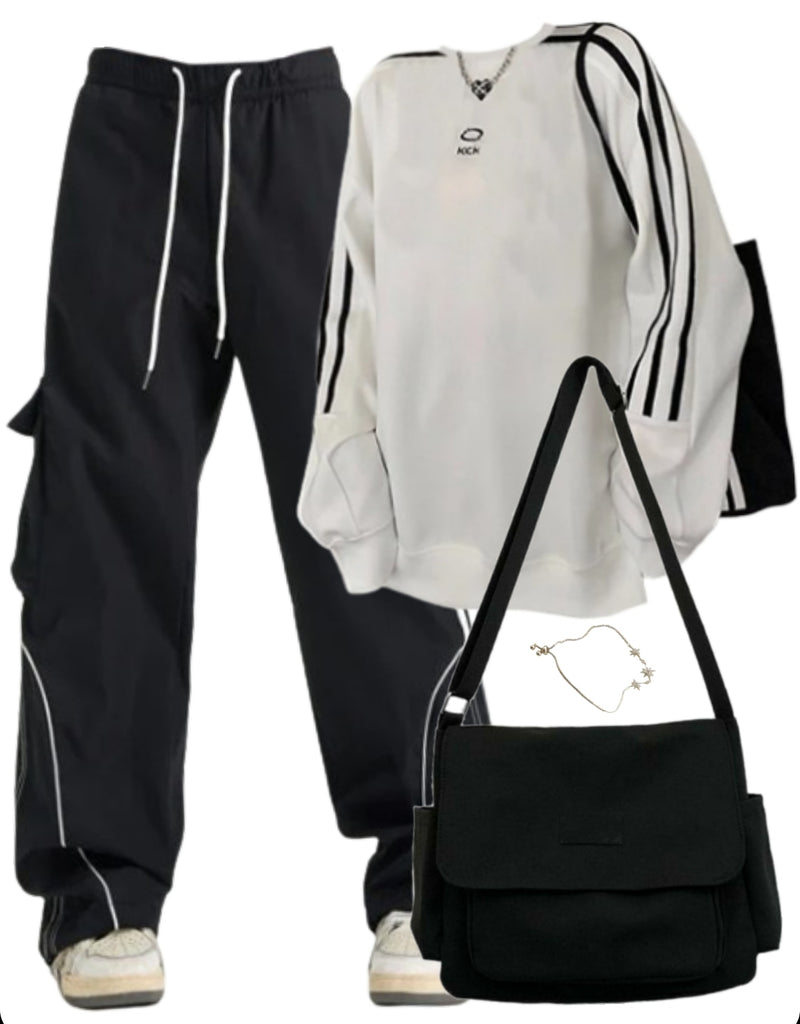 OOTD: Striped Sleeve Sweatshirt + Cargo Sweatpants + Large Canvas Satchel Bag