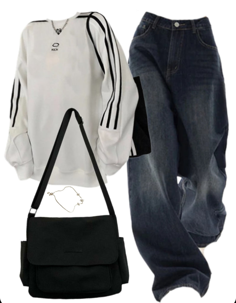 OOTD: Striped Sleeve Sweatshirt + Boyfriend Jeans + Large Canvas Satchel Bag