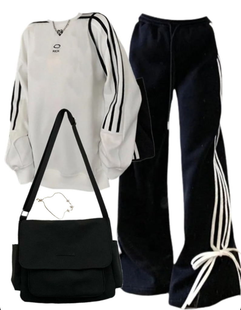 OOTD: Striped Sleeve Sweatshirt + Wide Leg Sweatpants + Large Canvas Satchel Bag