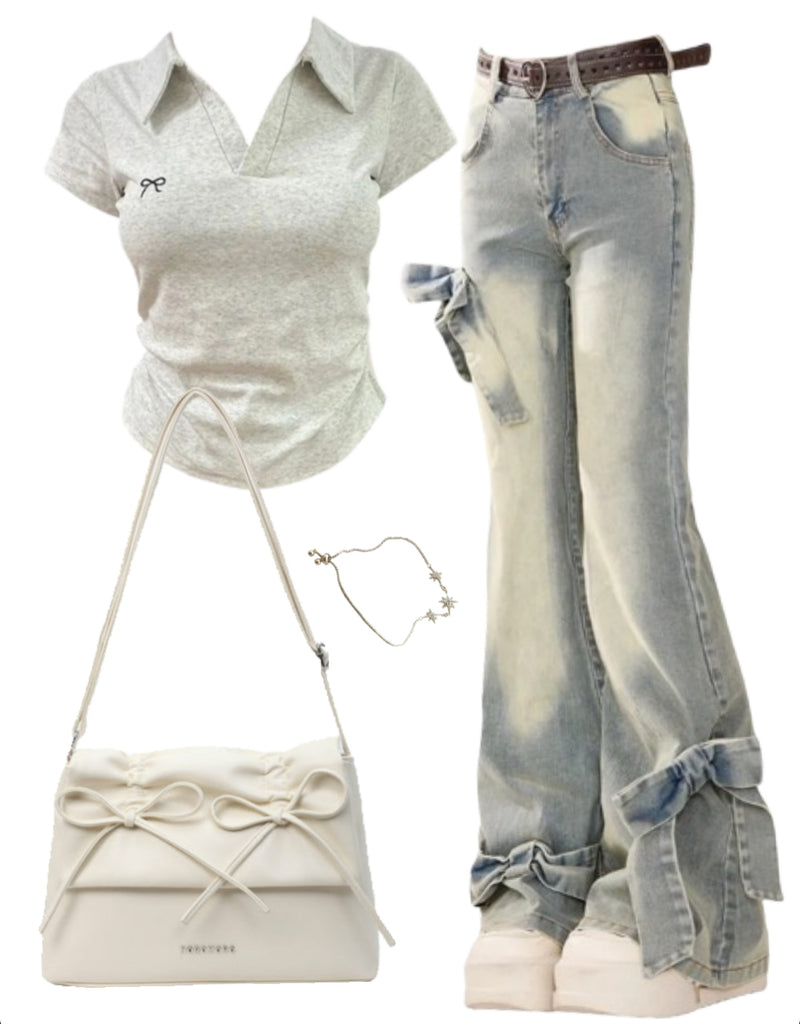 OOTD: Short Sleeve Tee + Flare Leg Jeans + Solid Color Leather Shoulder Bag