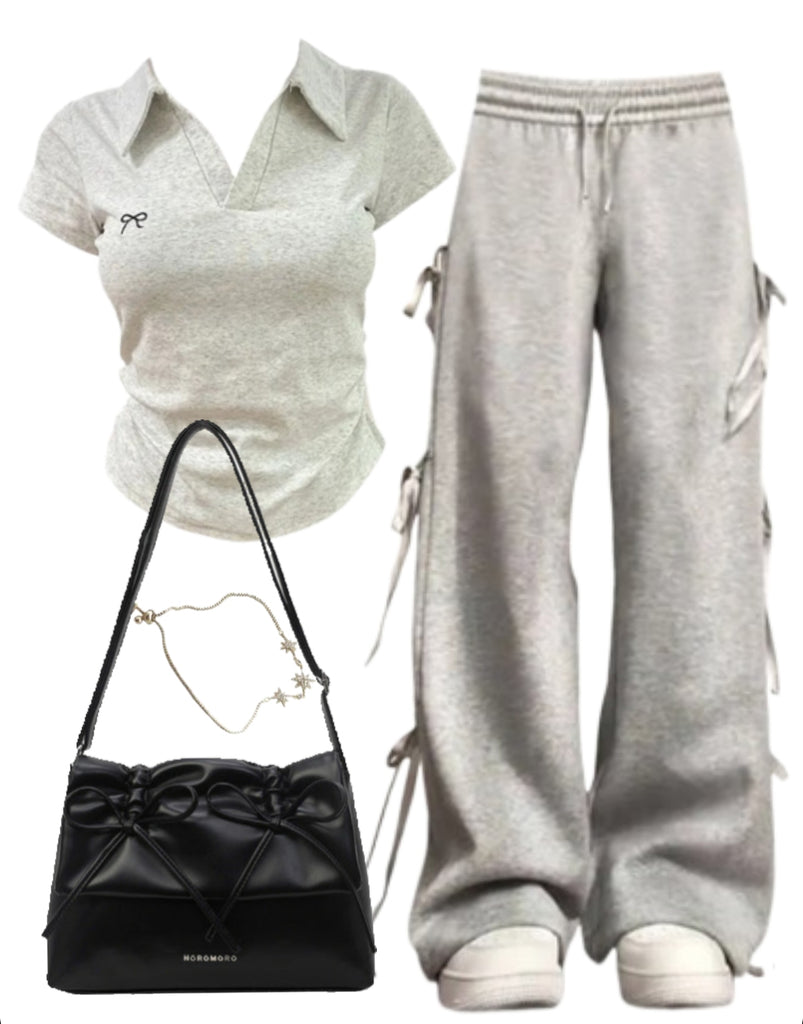 OOTD: Short Sleeve Tee + Bow Tie Sweatpants + Leather Shoulder Bag