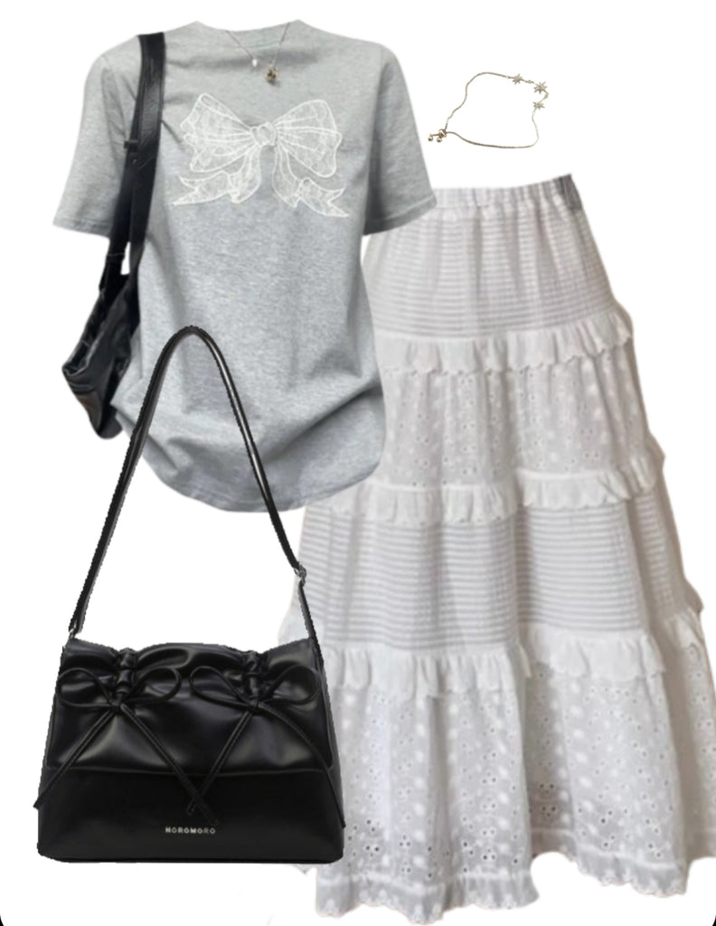 OOTD: Short Sleeve Tee + Maxi Skirt + Aesthetic Bow Solid Color Leather Shoulder Bag
