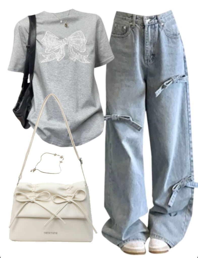 OOTD: Short Sleeve Tee + High Waist Wide Leg Jeans + Solid Color Leather Shoulder Bag