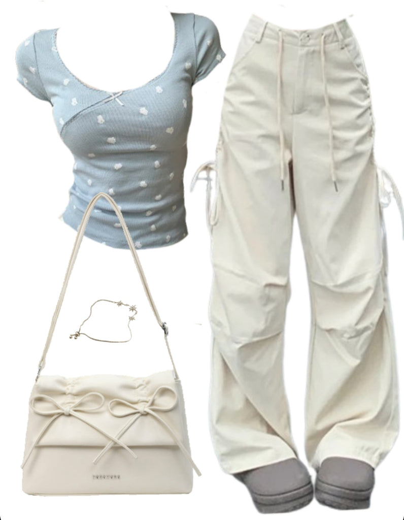 OOTD: Bow Floral Print Short Sleeve Tee + Pleated Cargo Pants + Shoulder Bag