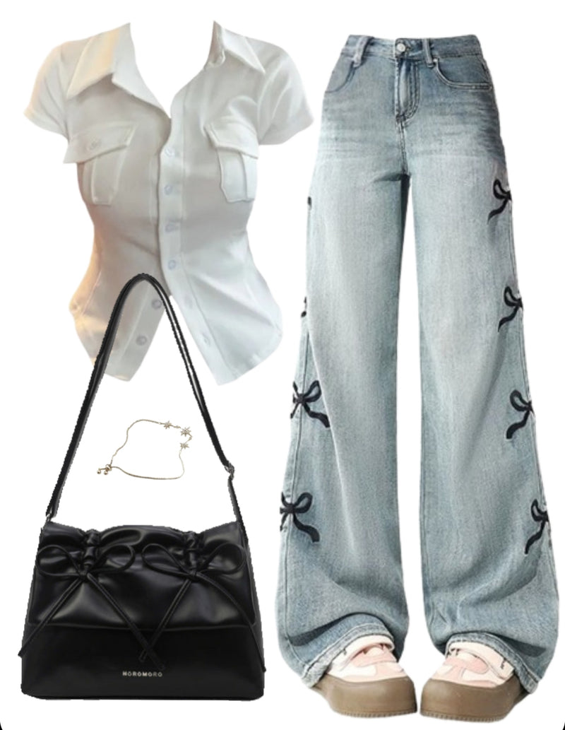 OOTD: Cropped Blouse + Bow Boyfriend Jeans + Leather Shoulder Bag