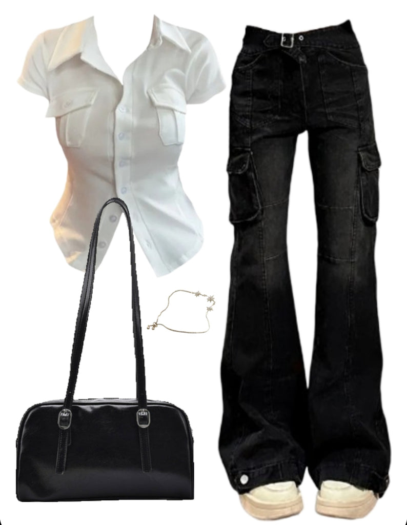 OOTD: Cropped Blouse + Cargo Jeans + Pu Leather Shoulder Bag