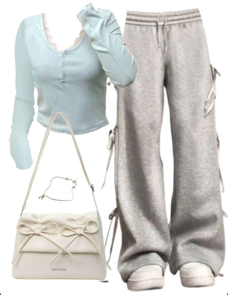 OOTD: Long Sleeve Tee + Bow Tie Sweatpants + Leather Shoulder Bag