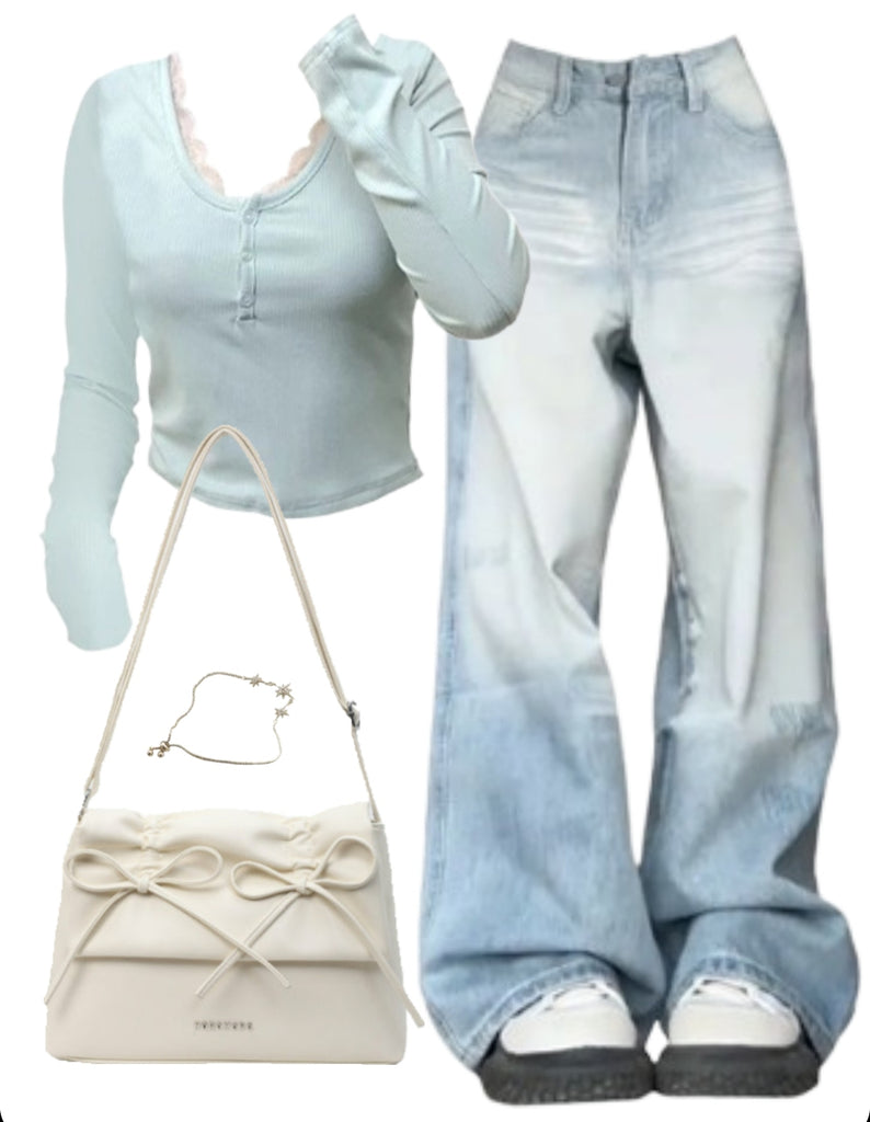OOTD: Slim Long Sleeve Tee + Baggy Boyfriend Jeans + Solid Color Leather Shoulder Bag