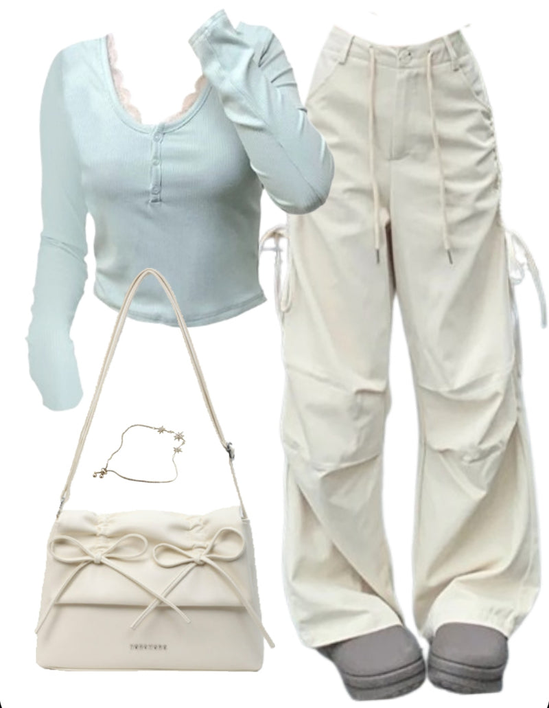 OOTD: Long Sleeve Tee + Pleated Cargo Pants + Leather Shoulder Bag