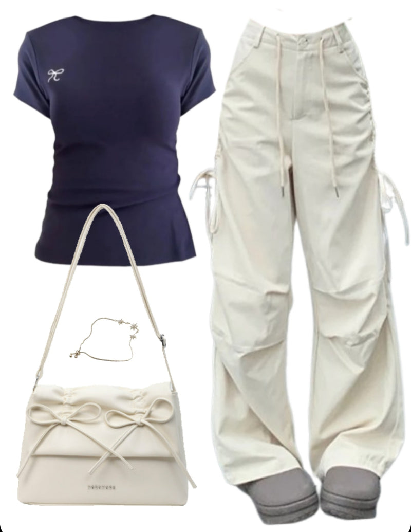 OOTD: Short Sleeve Tee + Cargo Pants + Aesthetic Bow Solid Color Leather Shoulder Bag