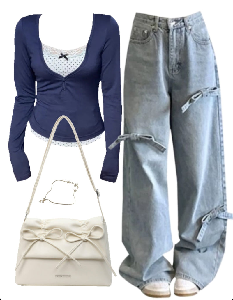 OOTD: Long Sleeve Tee + Wide Leg Jeans + Leather Shoulder Bag