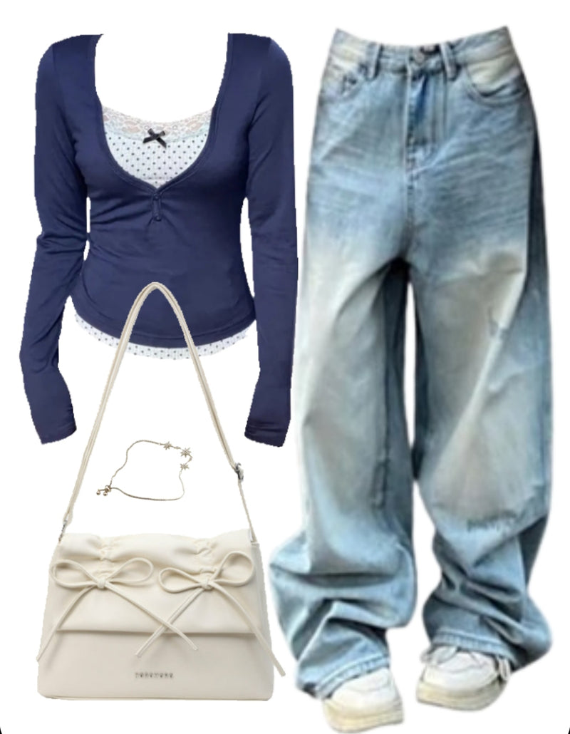 OOTD: Long Sleeve Tee + Washed Baggy Jeans + Solid Color Leather Shoulder Bag