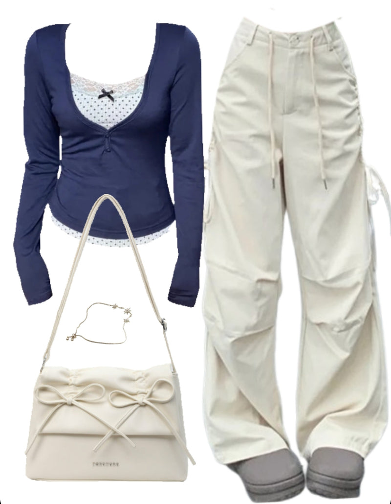OOTD: Bow Long Sleeve Tee + Pleated Cargo Pants + Solid Color Leather Shoulder Bag