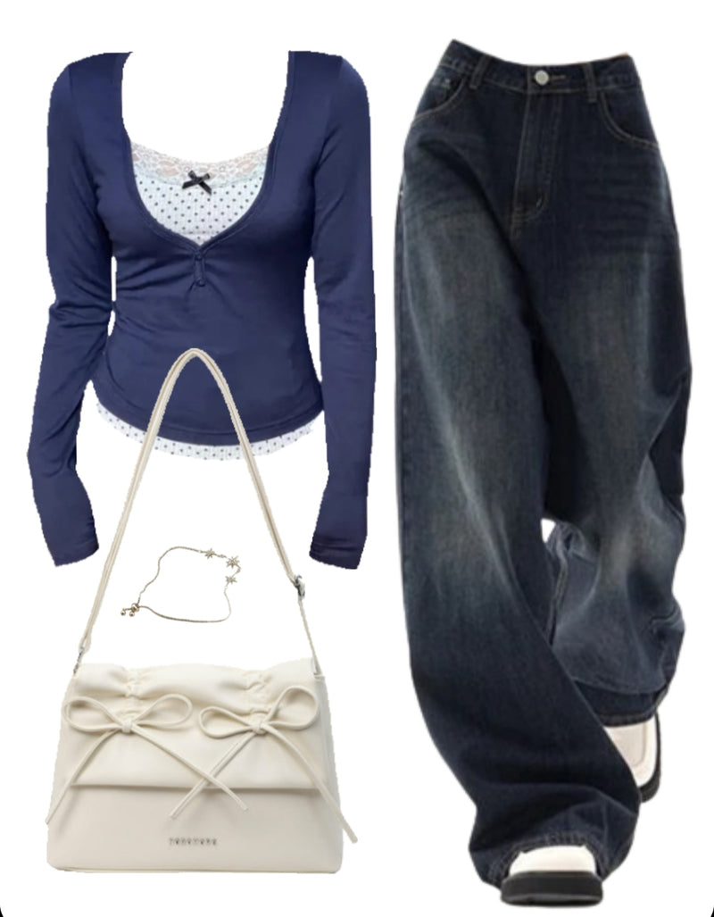 OOTD: Bow Long Sleeve Tee + 90s Boyfriend Jeans + Solid Color Leather Shoulder Bag