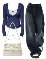 OOTD: Bow Long Sleeve Tee + 90s Boyfriend Jeans + Solid Color Leather Shoulder Bag