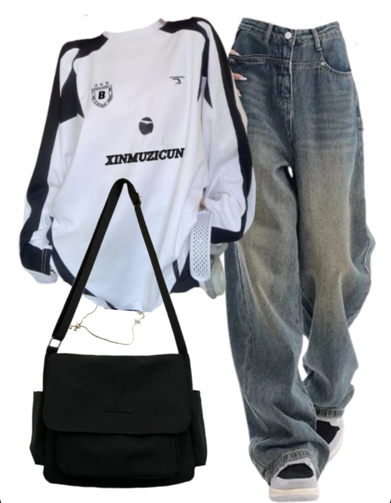 OOTD: Oversized Sweatshirt + High Waist Boyfriend Jeans + Large Canvas Satchel Bag