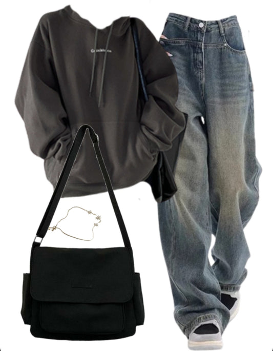 OOTD: Baggy Hoodie + Boyfriend Jeans + Large Canvas Satchel Bag