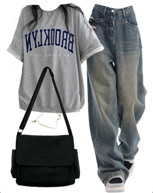 OOTD: Oversized Half Sleeve Tee + High Waist Boyfriend Jeans + Canvas Satchel Bag - fairypeony