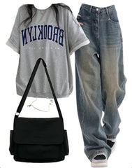 OOTD: Oversized Half Sleeve Tee + High Waist Boyfriend Jeans + Canvas Satchel Bag - fairypeony