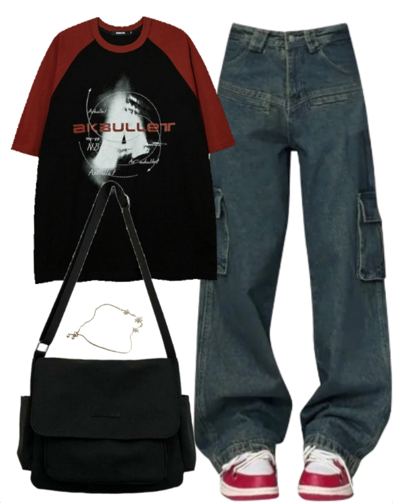 OOTD: Short Sleeve Tee + High Waist Cargo Jeans + Large Canvas Satchel Bag