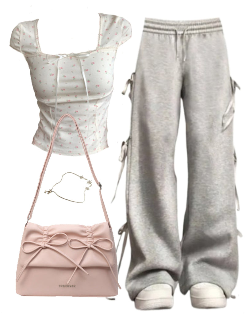 OOTD: Bow Short Sleeve Tee + Bow Tie Sweatpants + Leather Shoulder Bag