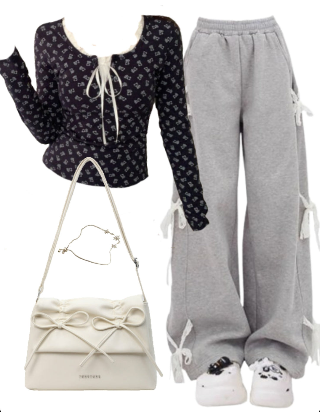 OOTD: Front Tie Long Sleeve Tee + Baggy Sweatpants + Color Leather Shoulder Bag