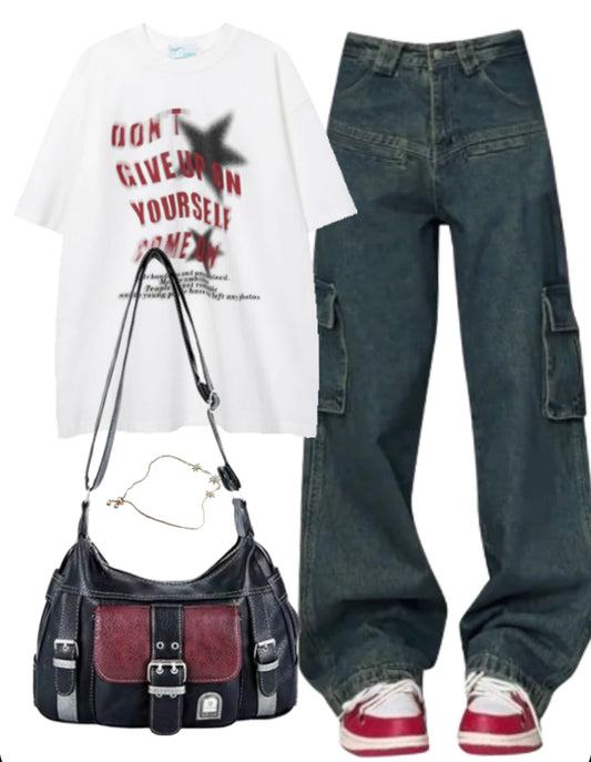 OOTD: Oversized Tee + High Waist Cargo Jeans + Pu Leather Y2K Crossbody Bag