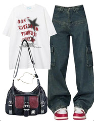 OOTD: Oversized Tee + High Waist Cargo Jeans + Pu Leather Y2K Crossbody Bag