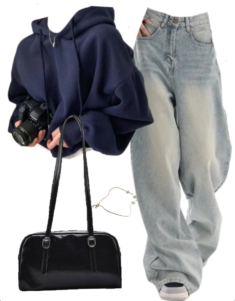 OOTD: Cropped Hoodie + Boyfriend Jeans + Pu Leather Shoulder Bag