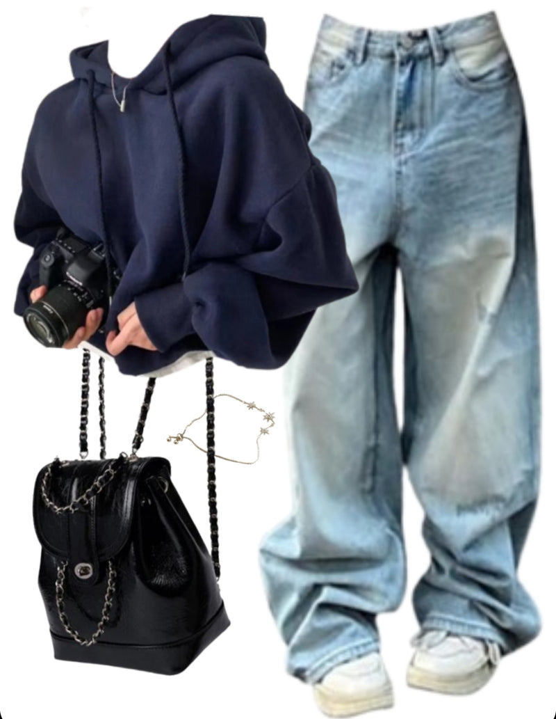 OOTD: Cropped Hoodie + Washed Baggy Jeans + Mini Pu Leather Backpack