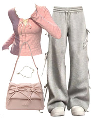 OOTD: Long Sleeve Tee + Bow Tie Sweatpants + Leather Shoulder Bag
