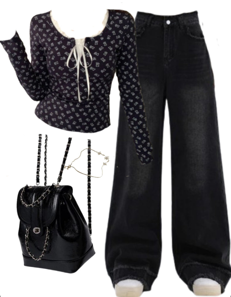 OOTD: Long Sleeve Tee + Wide Leg Jeans + Mini Pu Leather Backpack