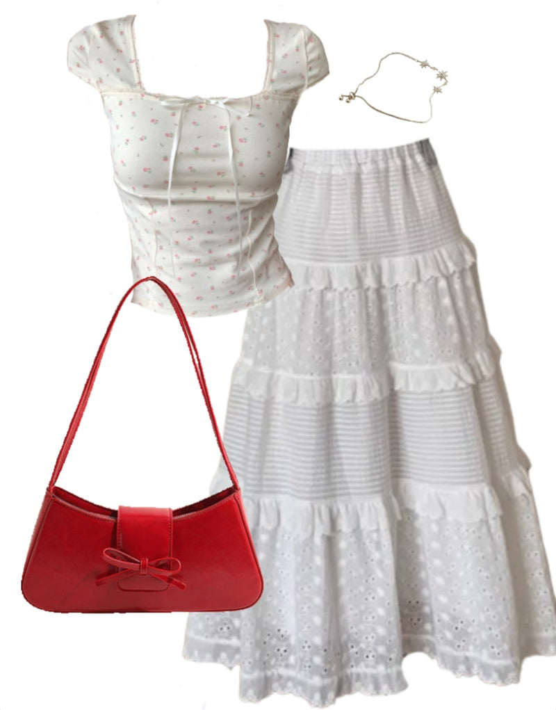 OOTD: Short Sleeve Tee + Fairy Lace Patchwork Maxi Skirt + Bow Leather Bag