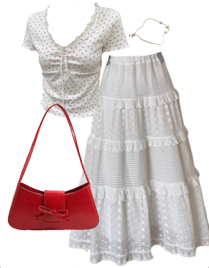 OOTD: Short Sleeve Tee + Patchwork Maxi Skirt + Y2K Shoulder Bag